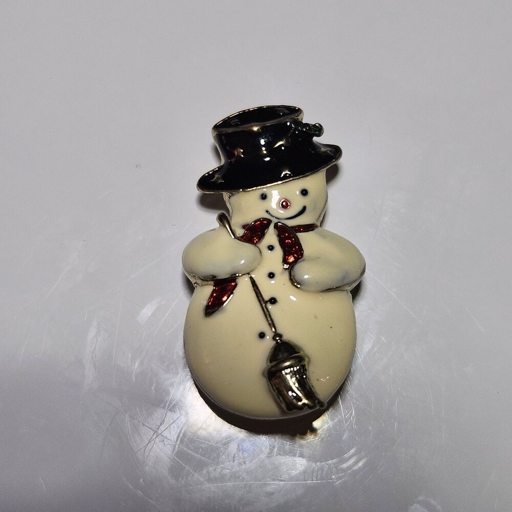 *Sale* Vintage Black Cream Enameled Gold Tone Snowman Christmas Brooch Pin